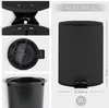 A collage of images showing a black pedal trash can with close-ups of its mechanism and inner bucket, along with dimensions and capacity. Produktbild-Vorschau