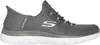A side view of a gray Skechers slip-in sneaker with a white sole. Voir les images du produit