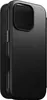A black leather folio case for an iPhone, shown from the side. Produktbild-Vorschau