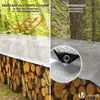 A split image showing a white tarp covering a stack of firewood on the left, and a close-up of the tarp's grommet and texture on the right, with a forest background. Anteprima dell’immagine prodotto