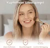 A woman applying makeup in front of a mirror, with feature callouts at the bottom. Podgląd zdjęcia produktu