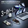 A laptop, two smartphones, and a charging brick are shown connected and charging, with text overlay. Produktbild-Vorschau