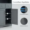 A close-up view of a gray cabinet with its door open, showing adjustable shelves, and diagrams illustrating shelf height and removal. Náhled obrázku produktu