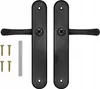A pair of black door handles with screws and a metal strip on a white background. Produktbild-Vorschau