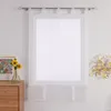 A white sheer curtain hanging on a window rod, with a wooden dresser and a framed picture of sunflowers to the left, and a decorative branch with yellow leaves to the right. Produktbild-Vorschau
