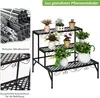 A three-tiered metal plant stand with various potted plants on each level, presented in a marketing image with descriptive text. Produktbild-Vorschau