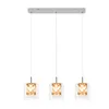 A three-light pendant chandelier with clear glass shades and gold-colored crystal inserts, suspended from a white rectangular bar. Produktbild-Vorschau