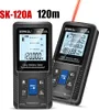 Two laser distance meters are shown, one in the foreground and one slightly behind and to the right. Text overlays highlight the product name and specifications. Produktbild-Vorschau