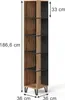 A tall, narrow bookshelf with a wood-grain finish on one side and a black finish on the other, shown against a white background with dimension labels. Anteprima dell’immagine prodotto