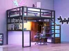 A loft bed with a desk and shelves in a modern bedroom setting with purple and blue lighting. Náhled obrázku produktu