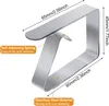 A silver metal table cloth clip with dimensions and feature callouts. Produktbild-Vorschau