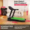 A treadmill is shown in a living room setting, with dimensions indicated by overlaid text. Produktbild-Vorschau