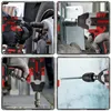 A collage of four images showing different uses of a cordless impact wrench and drill. Voir les images du produit