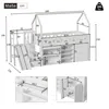 A technical drawing with dimensions of a white bunk bed with a slide and storage. Podgląd zdjęcia produktu