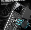 A close-up of a black smartphone case with a ring holder and a sliding camera cover, attached to a magnetic car mount. Produktbild-Vorschau