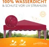 A red gazebo tent is shown with graphics indicating its waterproof and UV protection features. Produktbild-Vorschau