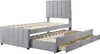 A light grey upholstered bed frame with a pull-out trundle bed and drawers underneath, shown from a side-angle against a white background. Produktbild-Vorschau