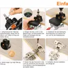 A step-by-step guide showing how to use a jig to drill holes for cabinet hinges. Produktbild-Vorschau