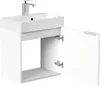 A white bathroom vanity with a sink and faucet, with one door open. Produktbild-Vorschau