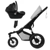 A black and gray baby stroller with a detachable car seat and adapter, shown against a white background. Produktbild-Vorschau