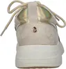 The back view of a beige sneaker with gold accents and laces. Produktbild-Vorschau
