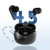 A pair of black wireless earbuds and their charging case are displayed against a light blue and white gradient background. Large blue numbers '4.5' are prominently featured, suggesting a product feature. A circular graphic resembling a clock or timer is vi Produktbild-Vorschau