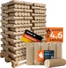 A collage of wood briquettes, a German flag sticker, and an energy efficiency label. Produktbild-Vorschau