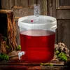 A transparent fermentation bucket filled with red liquid, placed on a wooden surface with moss and wood elements in the background. Anteprima dell’immagine prodotto