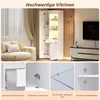 Collage showcasing a white display cabinet with LED lighting, including close-ups of its features, placed in a modern living room setting. Produktbild-Vorschau