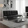 A modern living room with a black leather sofa, a glass coffee table, and abstract art on the wall. Produktbild-Vorschau