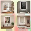 Collage of four images showing a backlit mirror in different settings: a dressing table, a bathroom, a hotel bathroom, and a vanity area. Produktbild-Vorschau