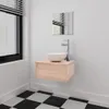 A modern bathroom vanity with a vessel sink and faucet, set against a white wall and a black and white checkered floor. Produktbild-Vorschau