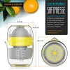 Collage showing a yellow and clear manual citrus juicer with measurements and marketing text. Produktbild-Vorschau