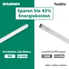 Comparison of a SYLVANIA LED tube light and a traditional fluorescent tube light, highlighting energy savings. Produktbild-Vorschau