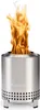 A stainless steel fire pit with flames burning inside, set against a white background. Produktbild-Vorschau