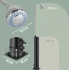 Product image showing a solar shower and its components with dimensions indicated. Produktbild-Vorschau