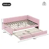 A diagram showing the dimensions of a pink upholstered daybed with an extended trundle bed. Podgląd zdjęcia produktu