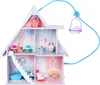 A dollhouse with multiple rooms and accessories, connected by a blue cable to a hanging basket. Produktbild-Vorschau