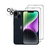 A dark blue iPhone is shown next to two screen protectors and a camera lens protector. Produktbild-Vorschau