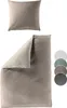 A folded duvet cover and a pillowcase are displayed, with a row of color swatches to the right. Produktbild-Vorschau