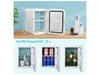 Collage showing a mini refrigerator with its dimensions and capacity, and then three views of the refrigerator's interior stocked with cosmetics and beverages. Anteprima dell’immagine prodotto