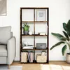 A bookshelf with various decorative items and books, next to a sofa and a large plant. Náhled obrázku produktu