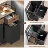 A split image showing a laundry cart with drawers and a laundry bag, with close-ups highlighting features. Voir les images du produit