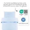 A light blue duvet cover and pillowcase are shown, with a graphic overlay detailing product certifications and material composition. Produktbild-Vorschau