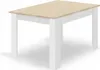 A rectangular table with a wooden top and white legs on a white background. Voir les images du produit