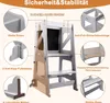 A grey wooden learning tower for children, with callouts highlighting its safety features and structure. The background is a light, warm beige. Produktbild-Vorschau