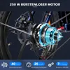 Close-up of an electric bicycle's rear hub motor and drivetrain, with marketing text and feature callouts at the bottom. Produktbild-Vorschau