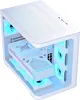 A white computer tower case with blue LED lighting, showing internal components. Produktbild-Vorschau