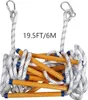 A coiled rope ladder with wooden rungs and metal carabiner clips at the top, against a white background. Náhled obrázku produktu