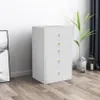 A white chest of drawers with gold knobs stands against a white wall, next to a framed picture and a plant. Produktbild-Vorschau
